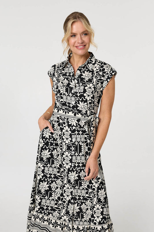 Floral Cap Sleeve Tie Midi Shirt Dress