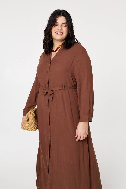 Curve Long Sleeve Tie Waist Maxi Dress