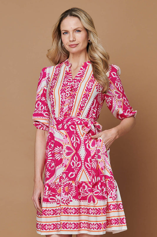 Printed Tie Waist 3/4 Sleeve Short Dress