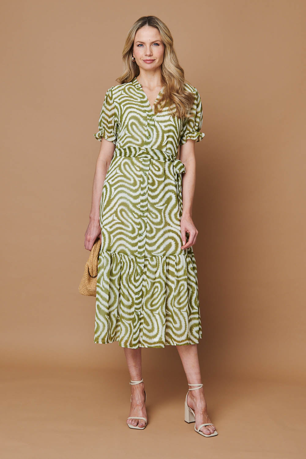 Printed Short Sleeve Midi Shirt Dress