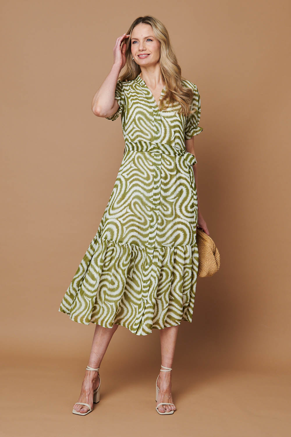 Printed Short Sleeve Midi Shirt Dress