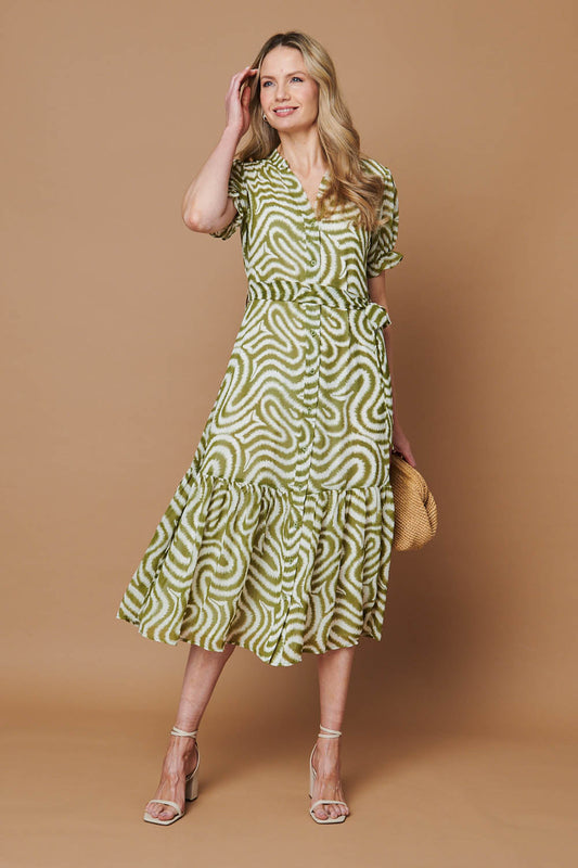 Printed Short Sleeve Midi Shirt Dress