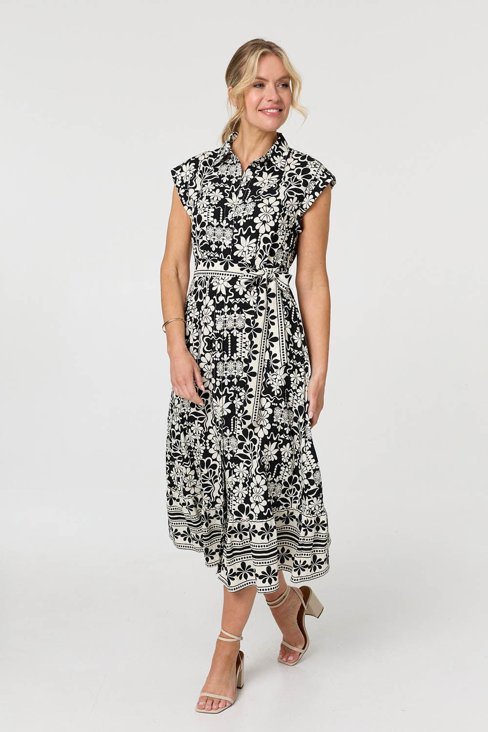 Floral Cap Sleeve Tie Midi Shirt Dress