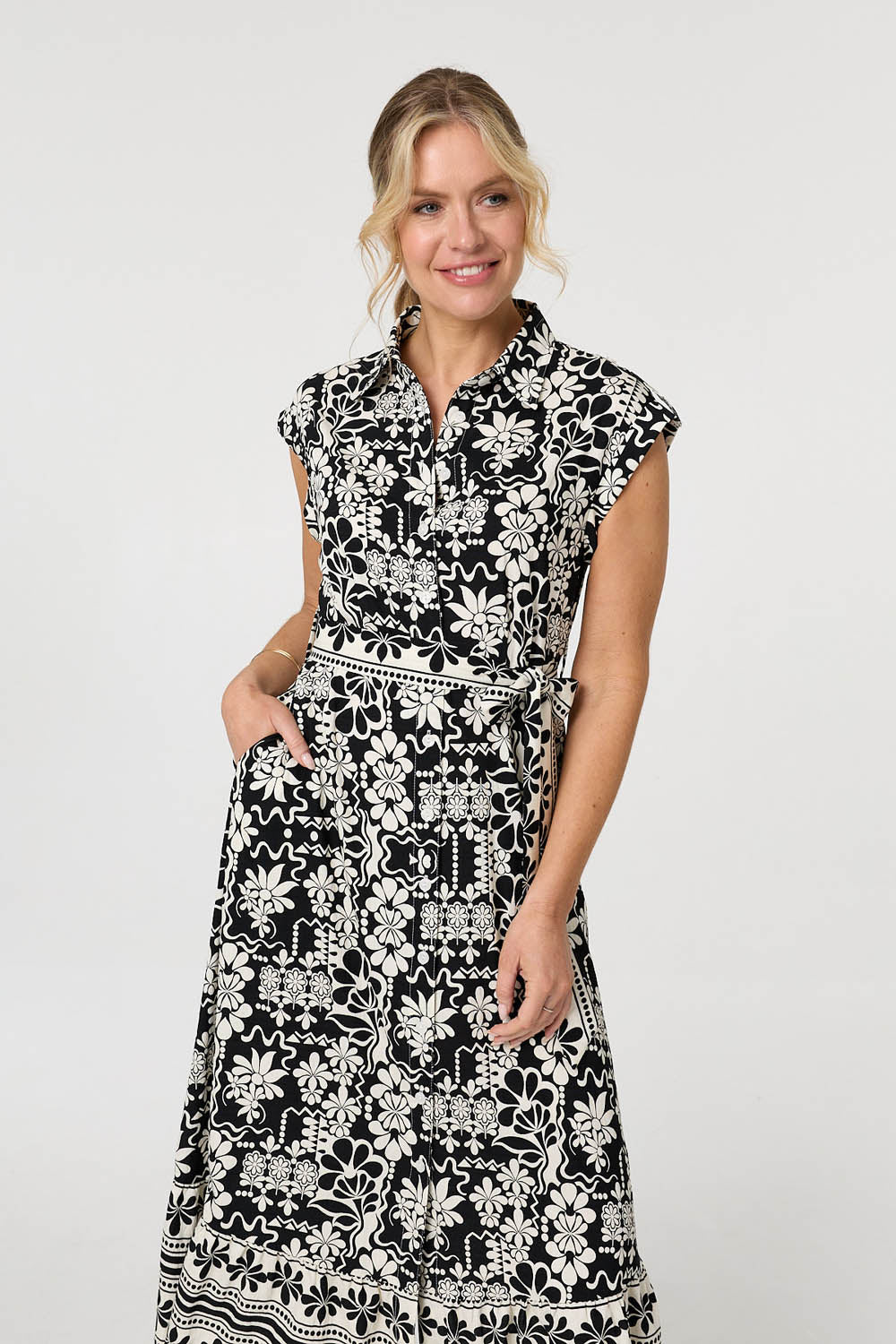 Floral Cap Sleeve Tie Midi Shirt Dress