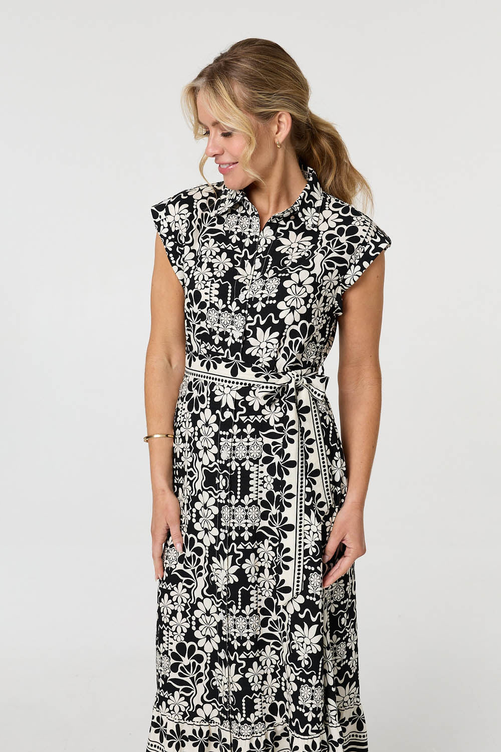 Floral Cap Sleeve Tie Midi Shirt Dress
