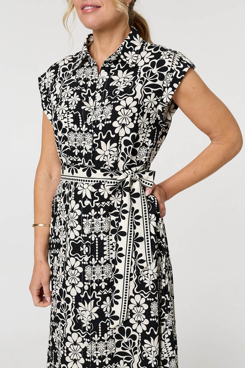 Floral Cap Sleeve Tie Midi Shirt Dress