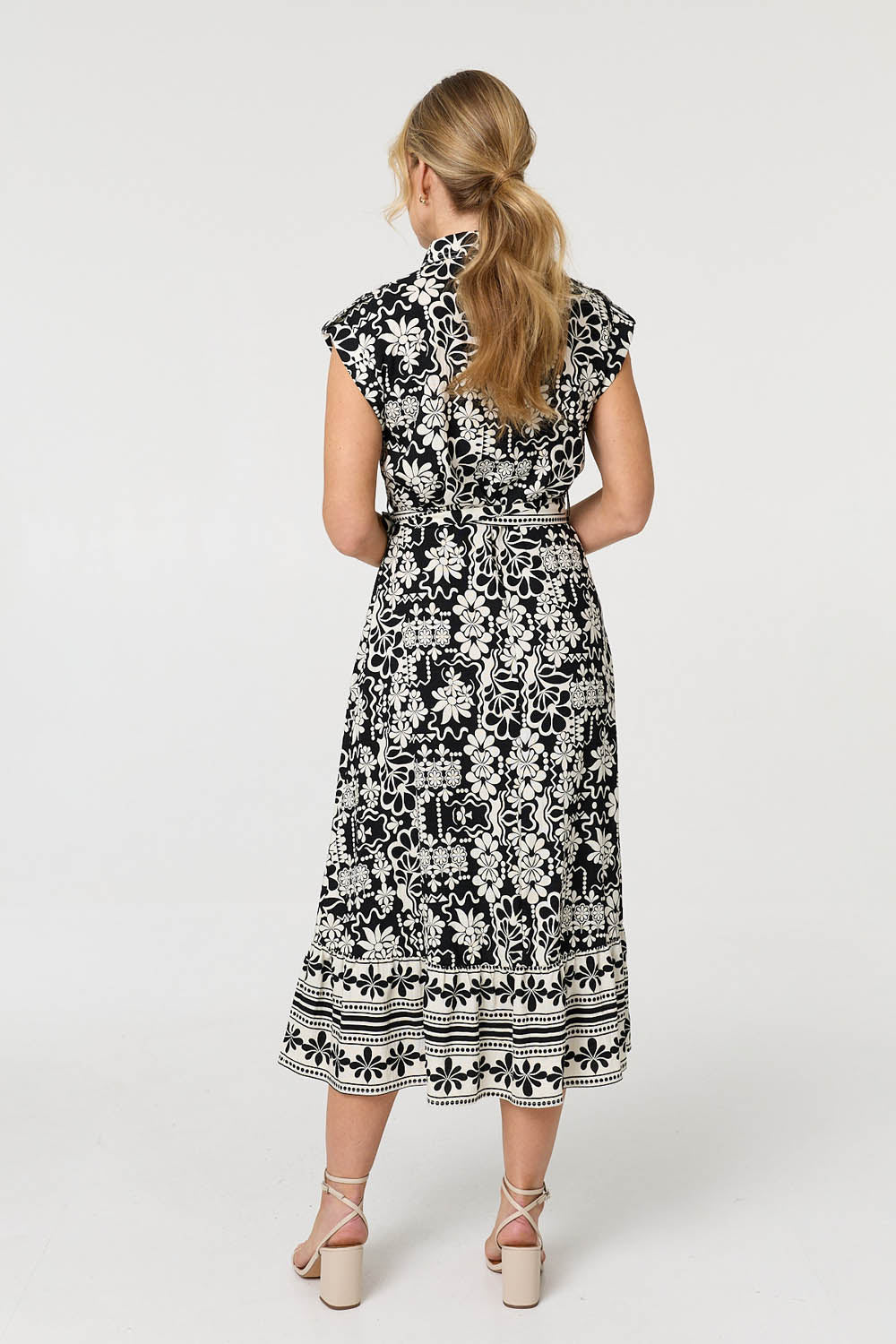 Floral Cap Sleeve Tie Midi Shirt Dress