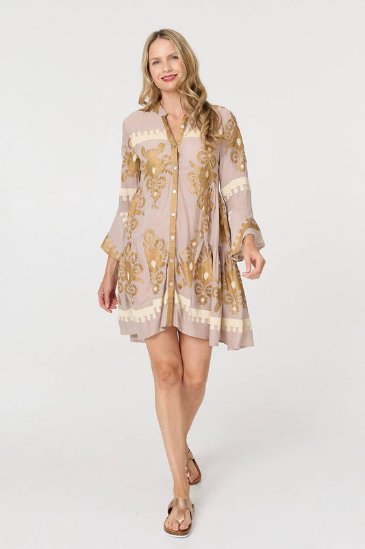 Baroque Print Long Sleeve Short Dress
