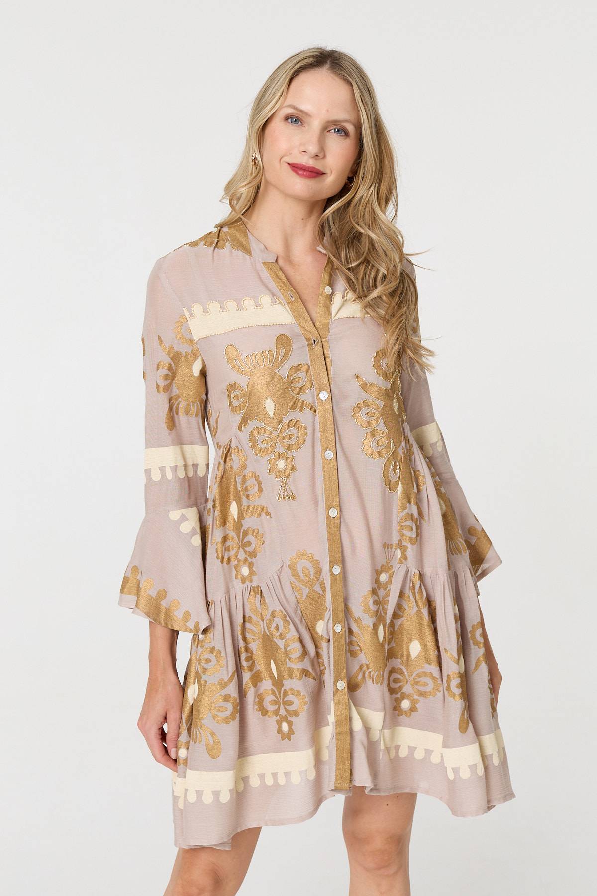 Baroque Print Long Sleeve Short Dress