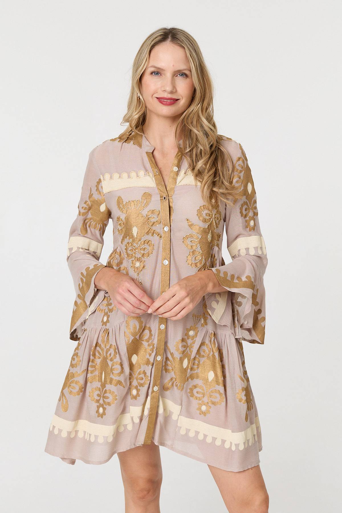 Baroque Print Long Sleeve Short Dress