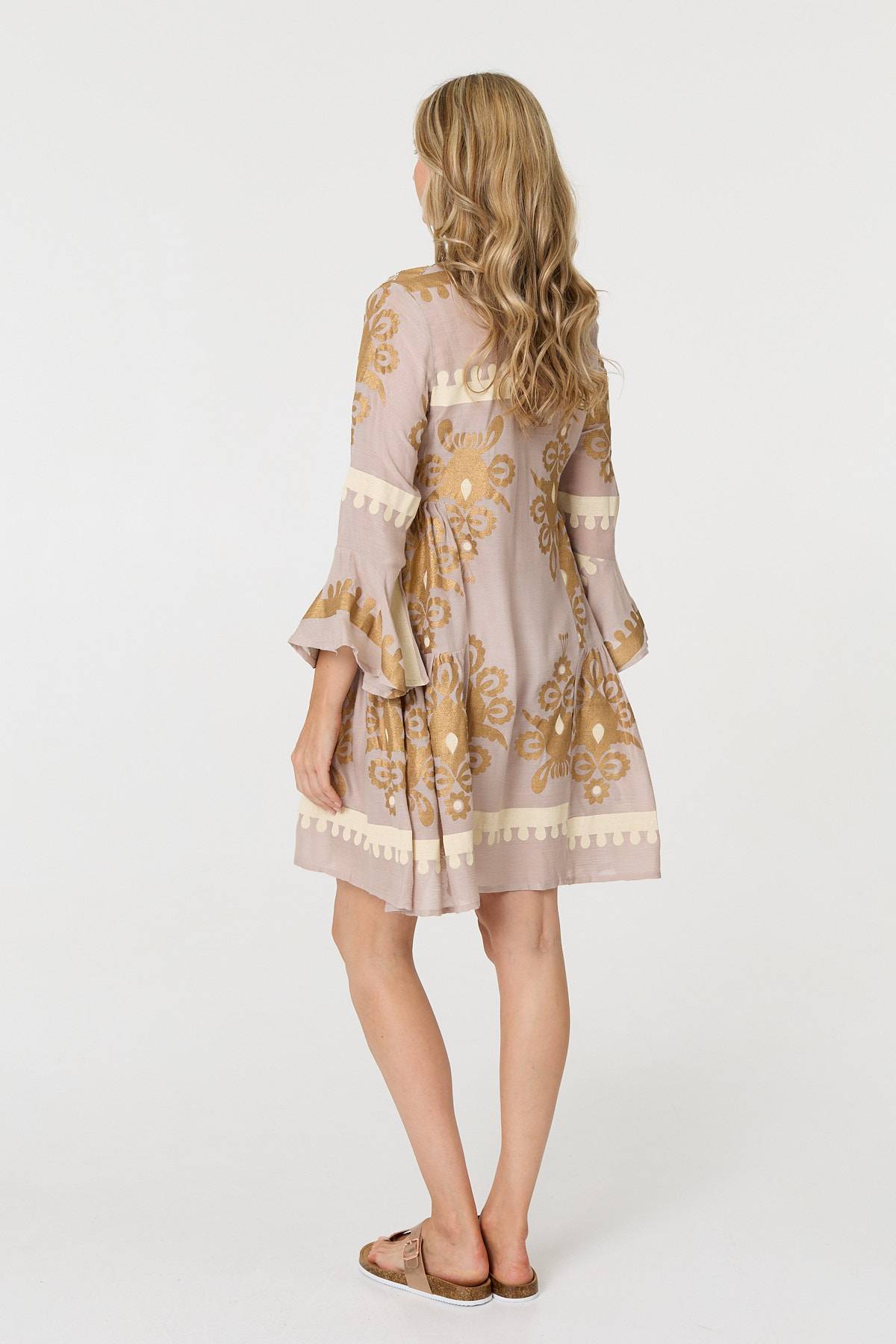 Baroque Print Long Sleeve Short Dress