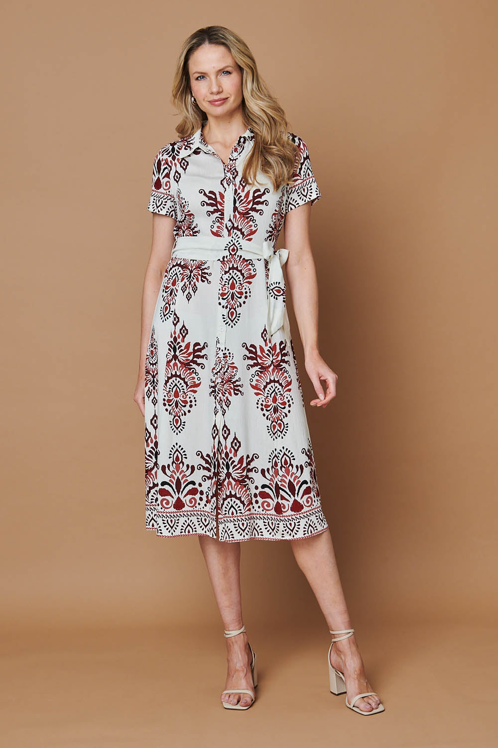 Border Print Short Sleeve Midi Dress