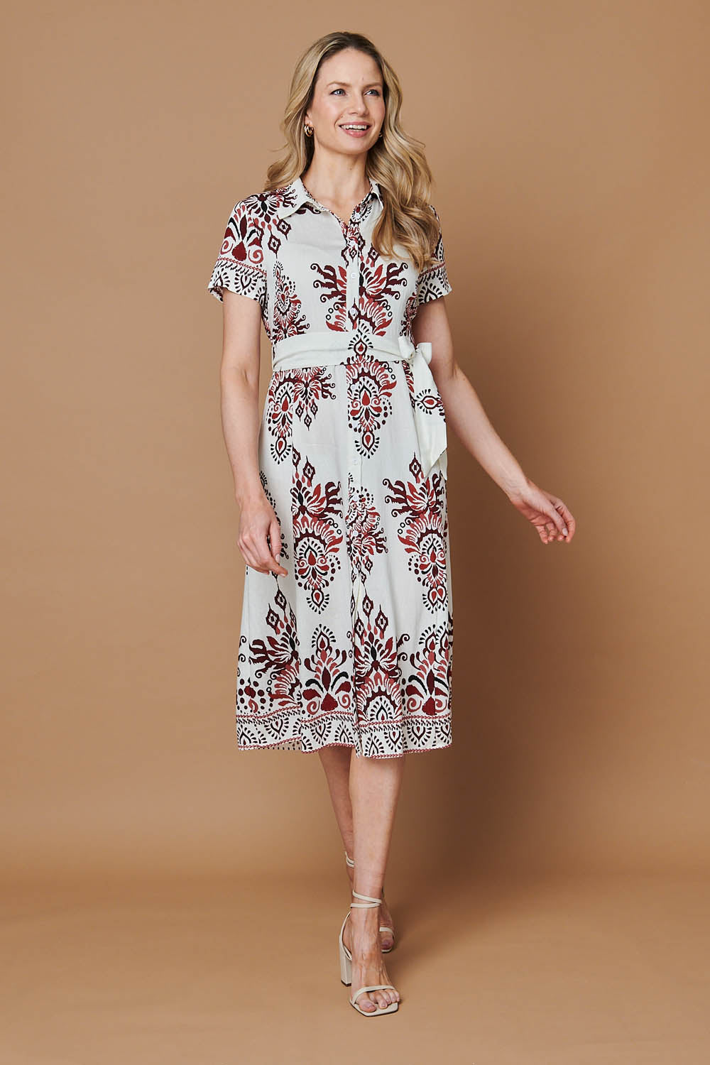 Border Print Short Sleeve Midi Dress