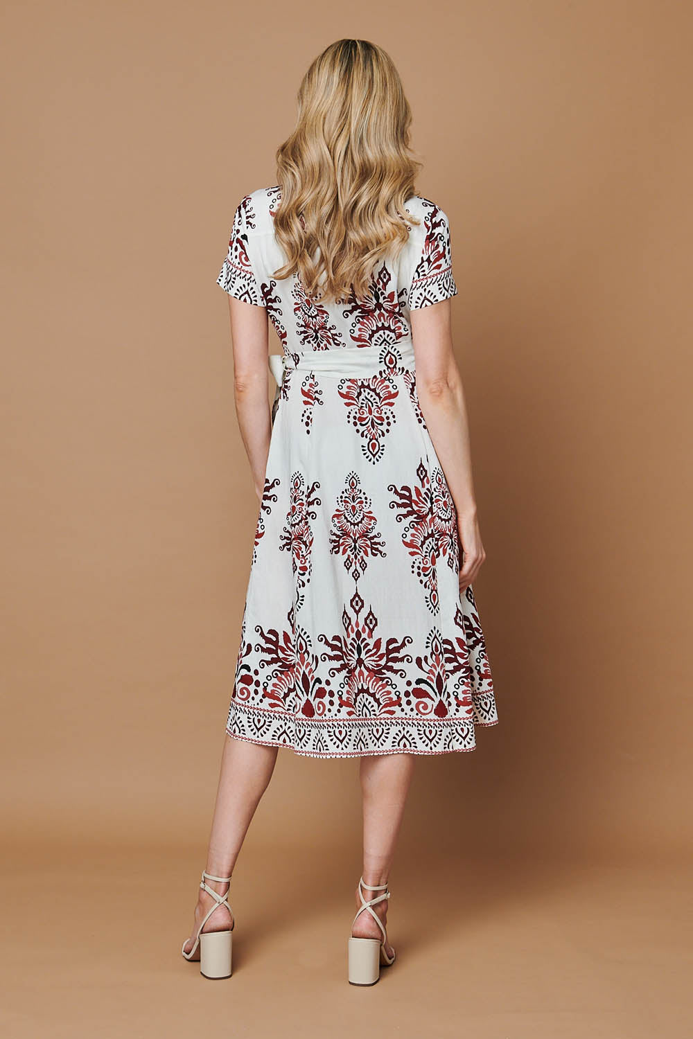 Border Print Short Sleeve Midi Dress