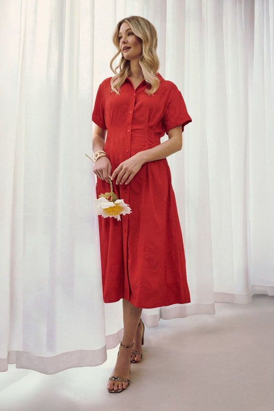 Short Sleeve Flared Midi Shirt Dress