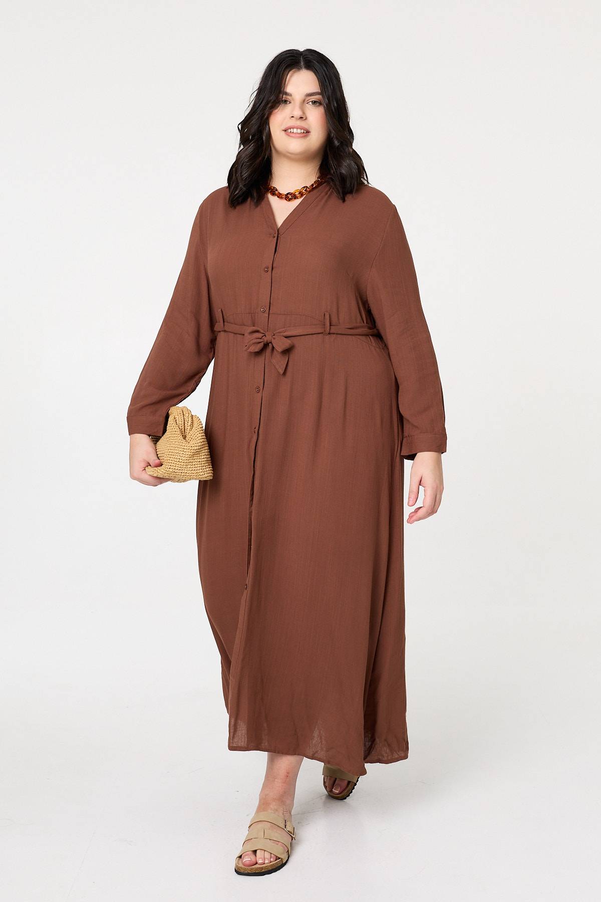Curve Long Sleeve Tie Waist Maxi Dress