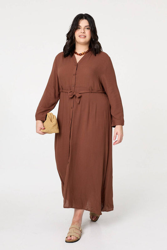 Curve Long Sleeve Tie Waist Maxi Dress