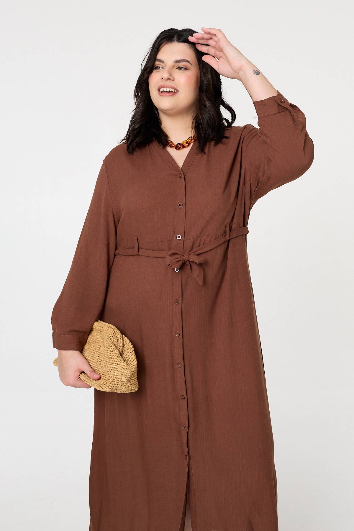 Curve Long Sleeve Tie Waist Maxi Dress