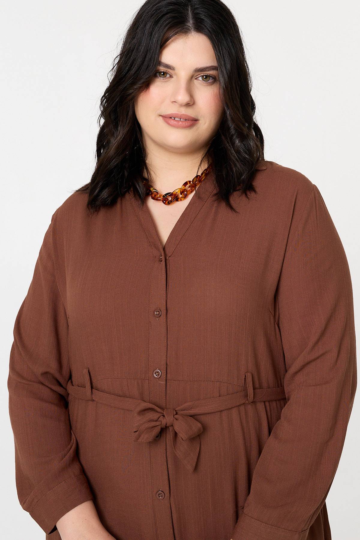 Curve Long Sleeve Tie Waist Maxi Dress