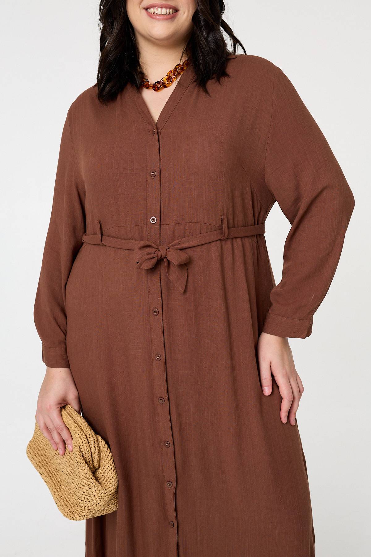 Curve Long Sleeve Tie Waist Maxi Dress