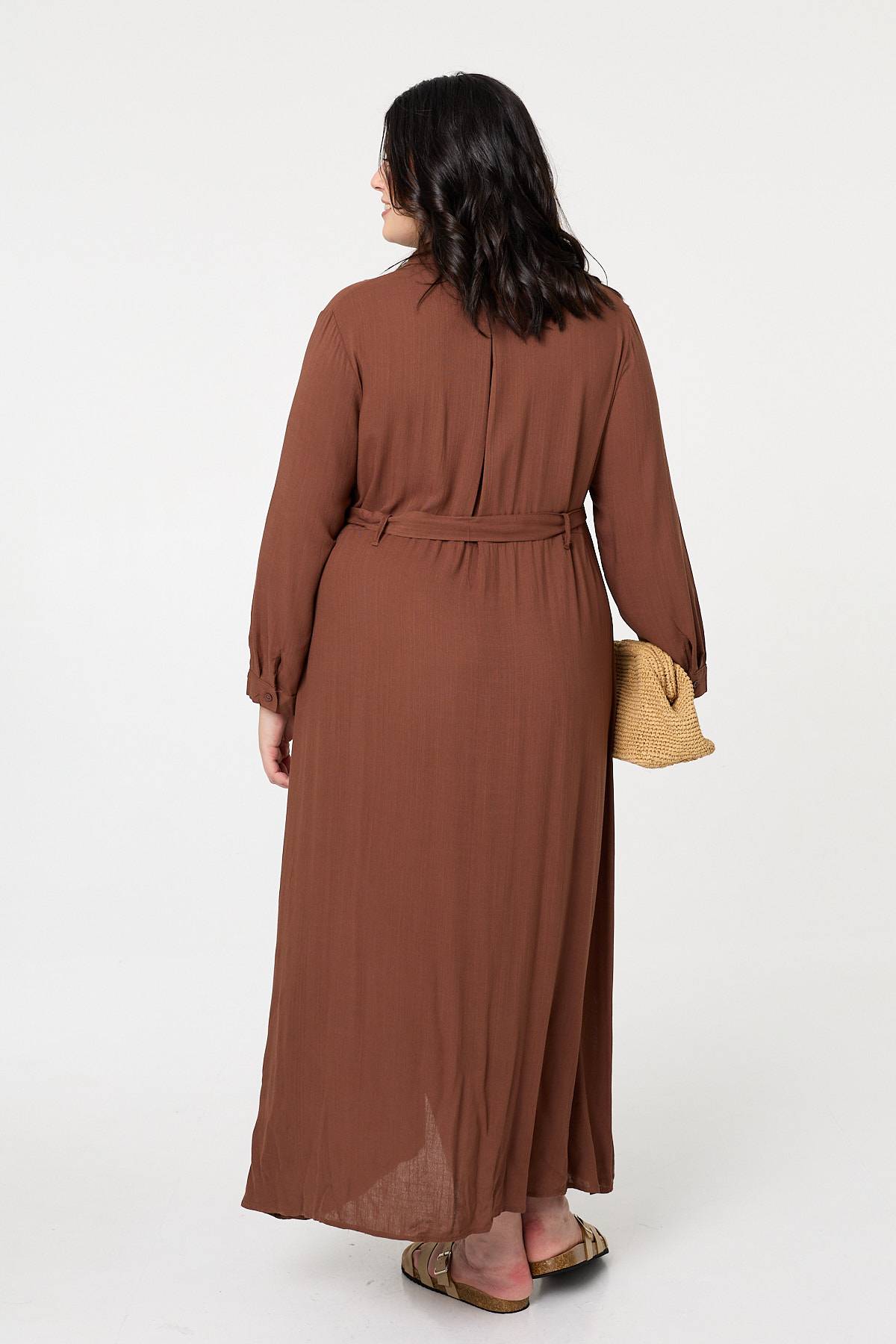 Curve Long Sleeve Tie Waist Maxi Dress