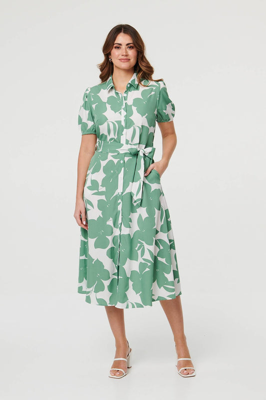Abstract Floral Tie Waist Midi Dress