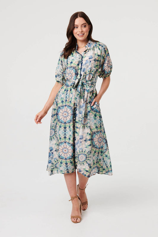 Abstract Tie Waist 1/2 Sleeve Midi Dress