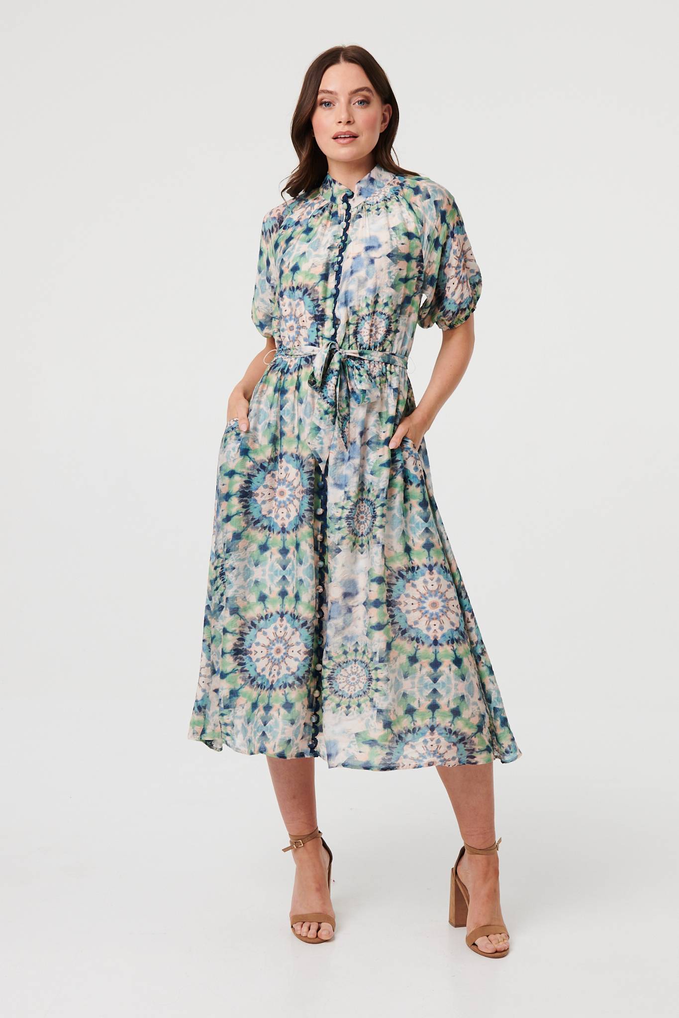 Abstract Tie Waist 1/2 Sleeve Midi Dress