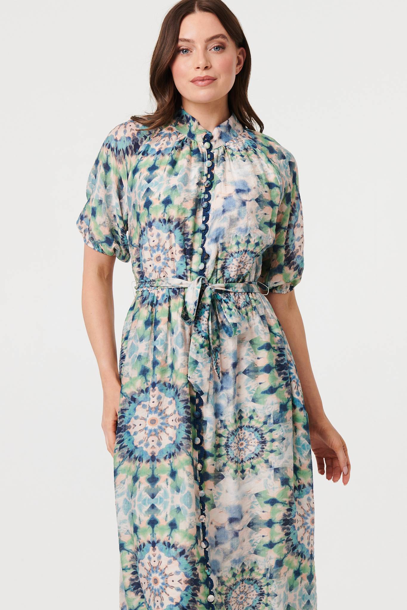 Abstract Tie Waist 1/2 Sleeve Midi Dress