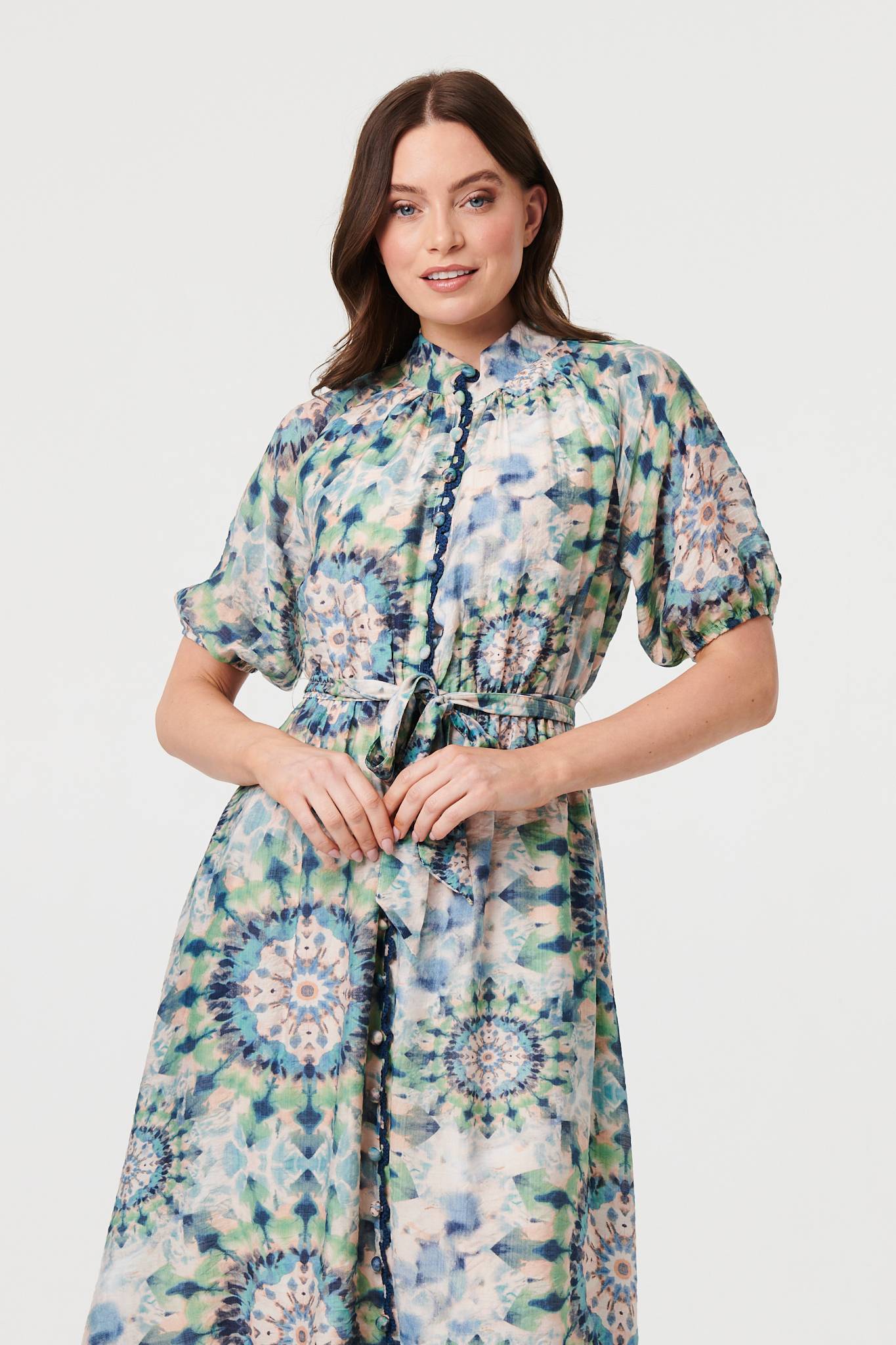 Abstract Tie Waist 1/2 Sleeve Midi Dress