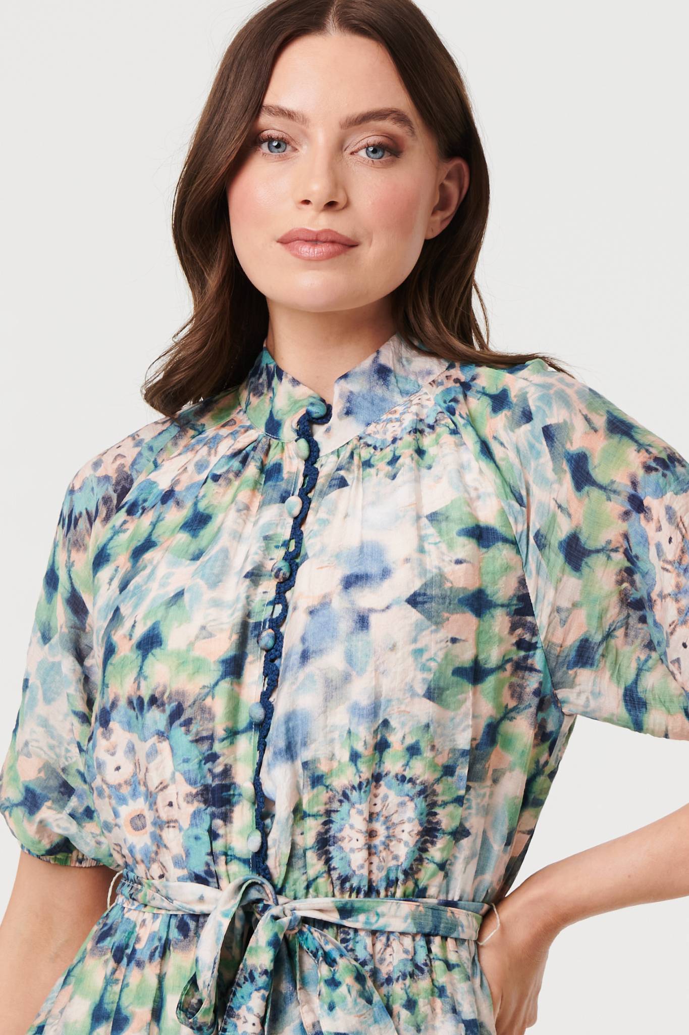 Abstract Tie Waist 1/2 Sleeve Midi Dress