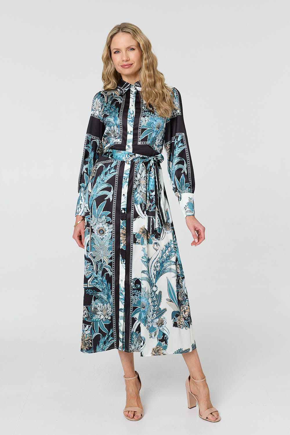 Printed Long Sleeve Tie Shirt Maxi Dress