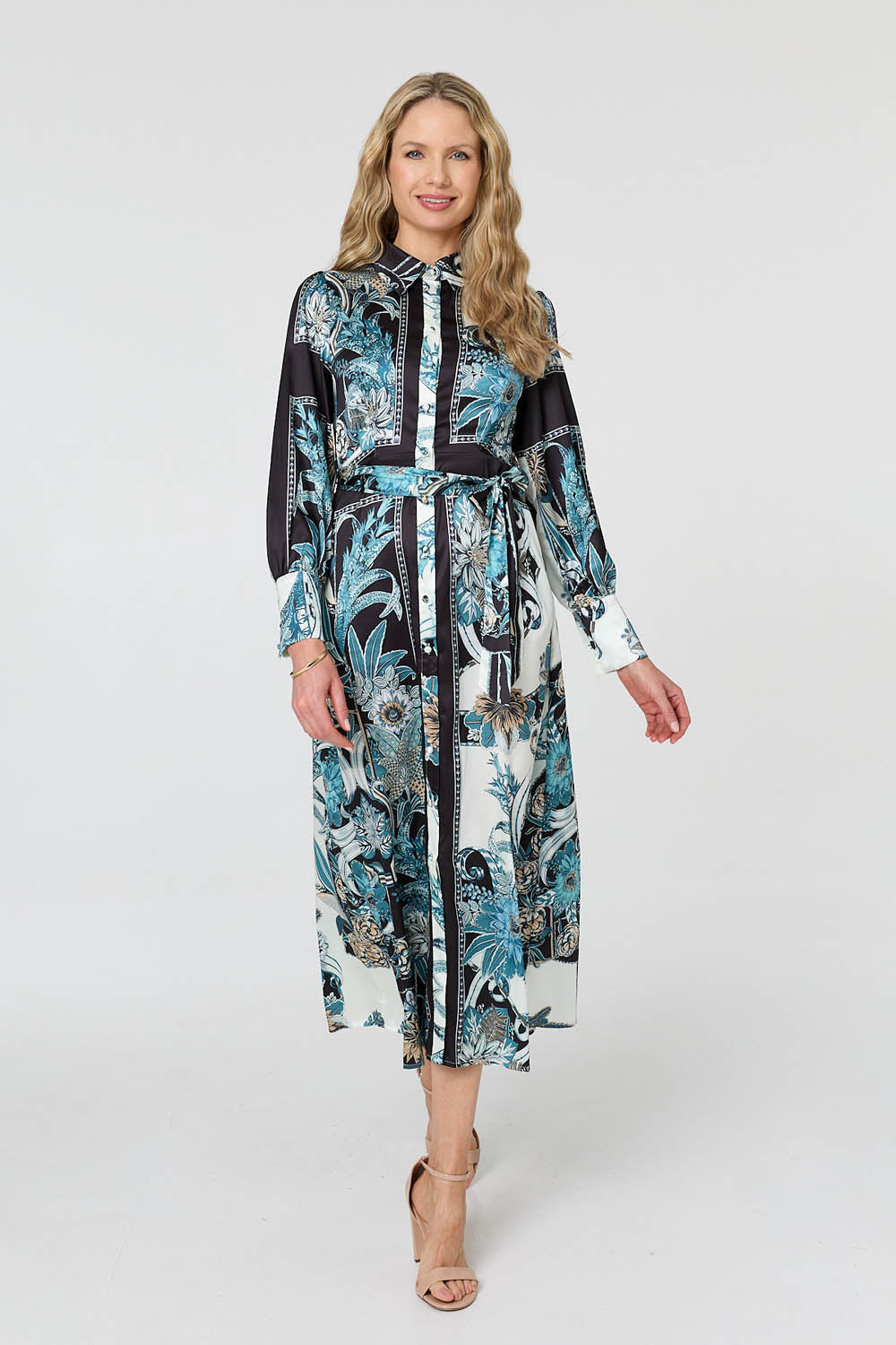 Printed Long Sleeve Tie Shirt Maxi Dress
