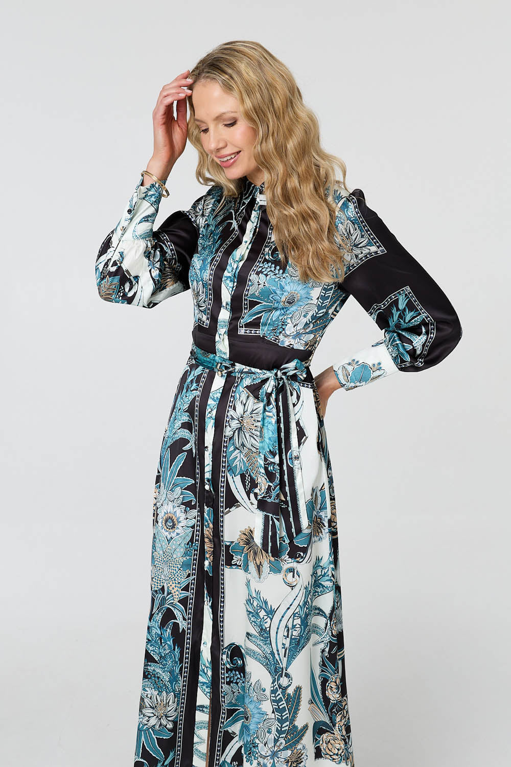 Printed Long Sleeve Tie Shirt Maxi Dress