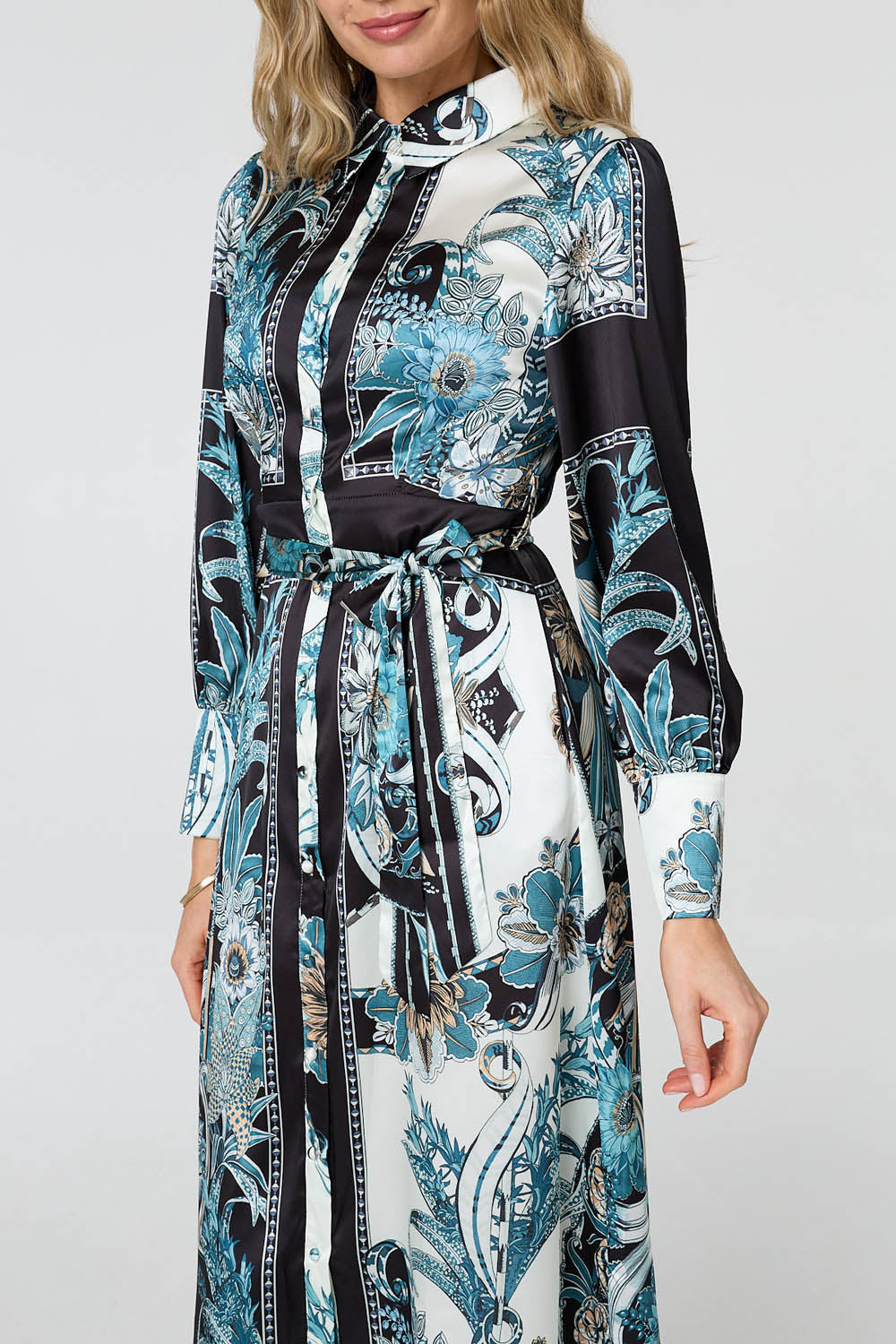 Printed Long Sleeve Tie Shirt Maxi Dress