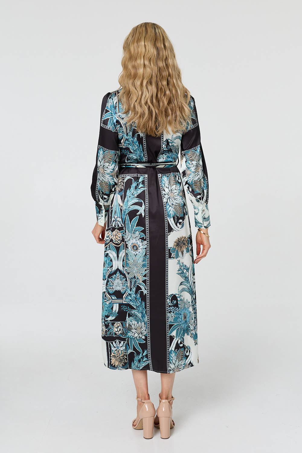 Printed Long Sleeve Tie Shirt Maxi Dress