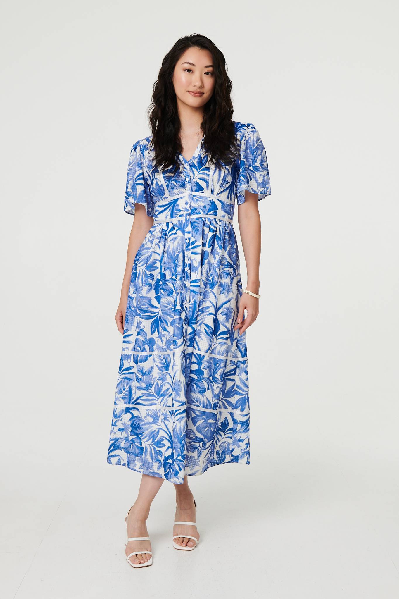 Leaf Print 1/2 Sleeve Tiered Midi Dress
