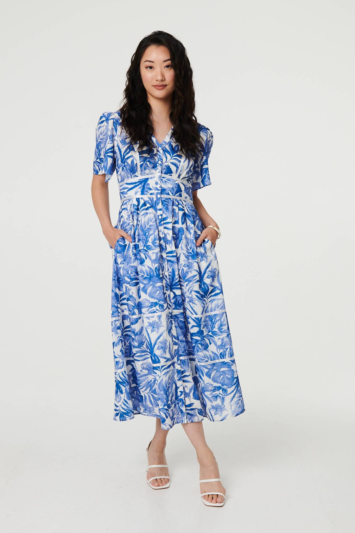 Leaf Print 1/2 Sleeve Tiered Midi Dress