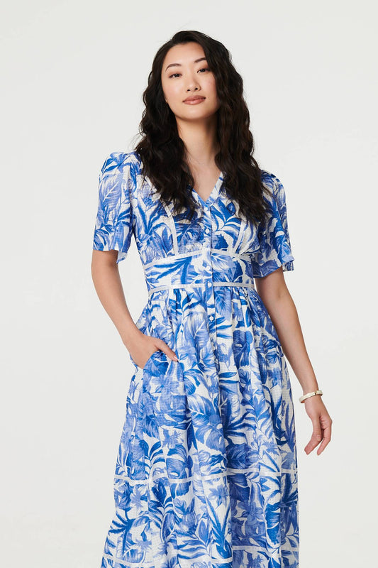 Leaf Print 1/2 Sleeve Tiered Midi Dress