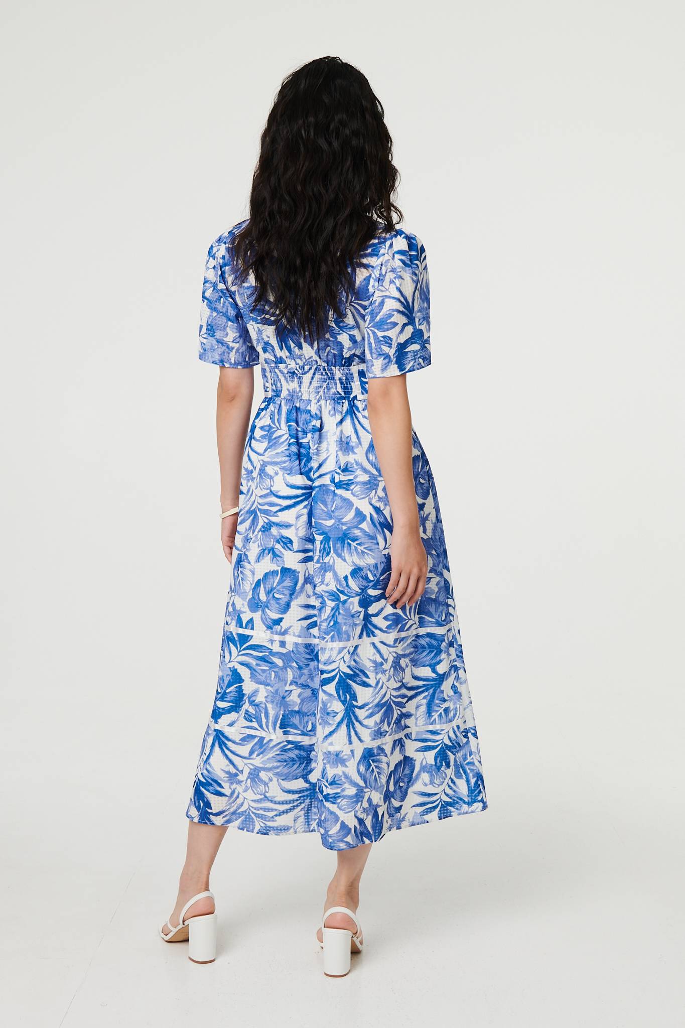 Leaf Print 1/2 Sleeve Tiered Midi Dress