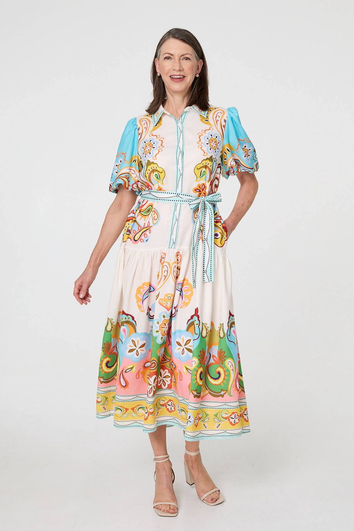 Abstract Border Tie Waist Midi Dress