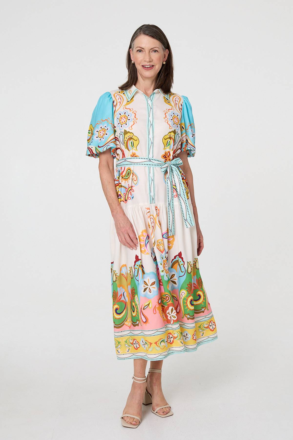 Abstract Border Tie Waist Midi Dress