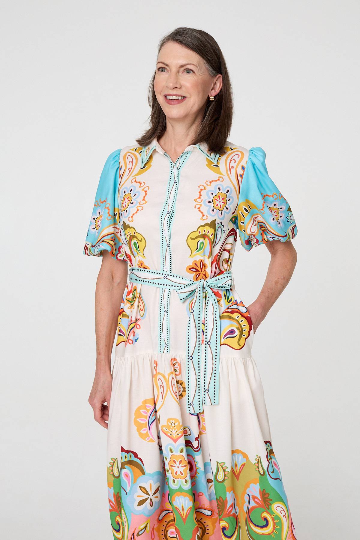 Abstract Border Tie Waist Midi Dress