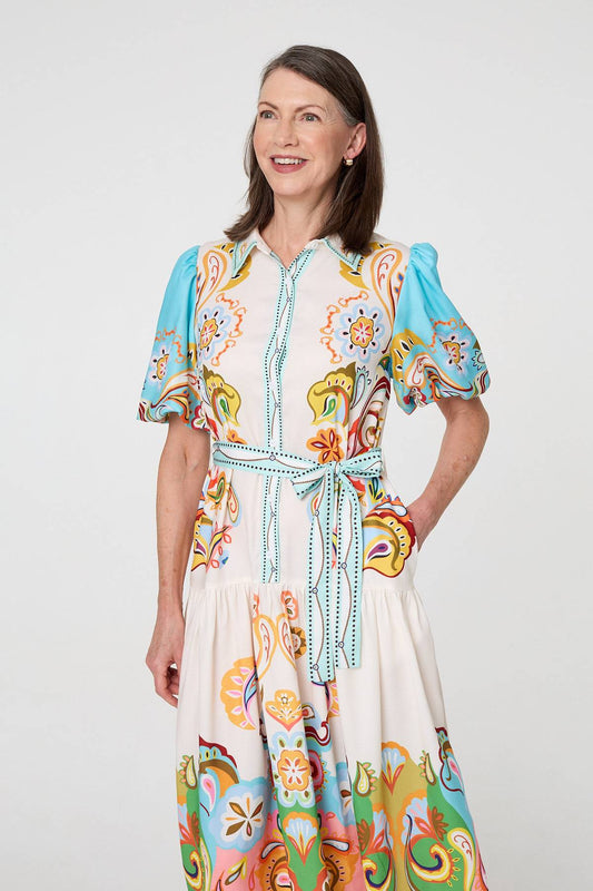 Abstract Border Tie Waist Midi Dress