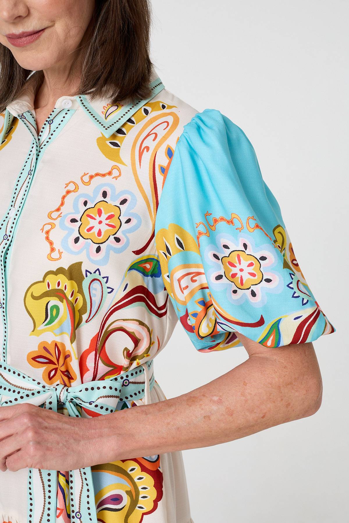 Abstract Border Tie Waist Midi Dress