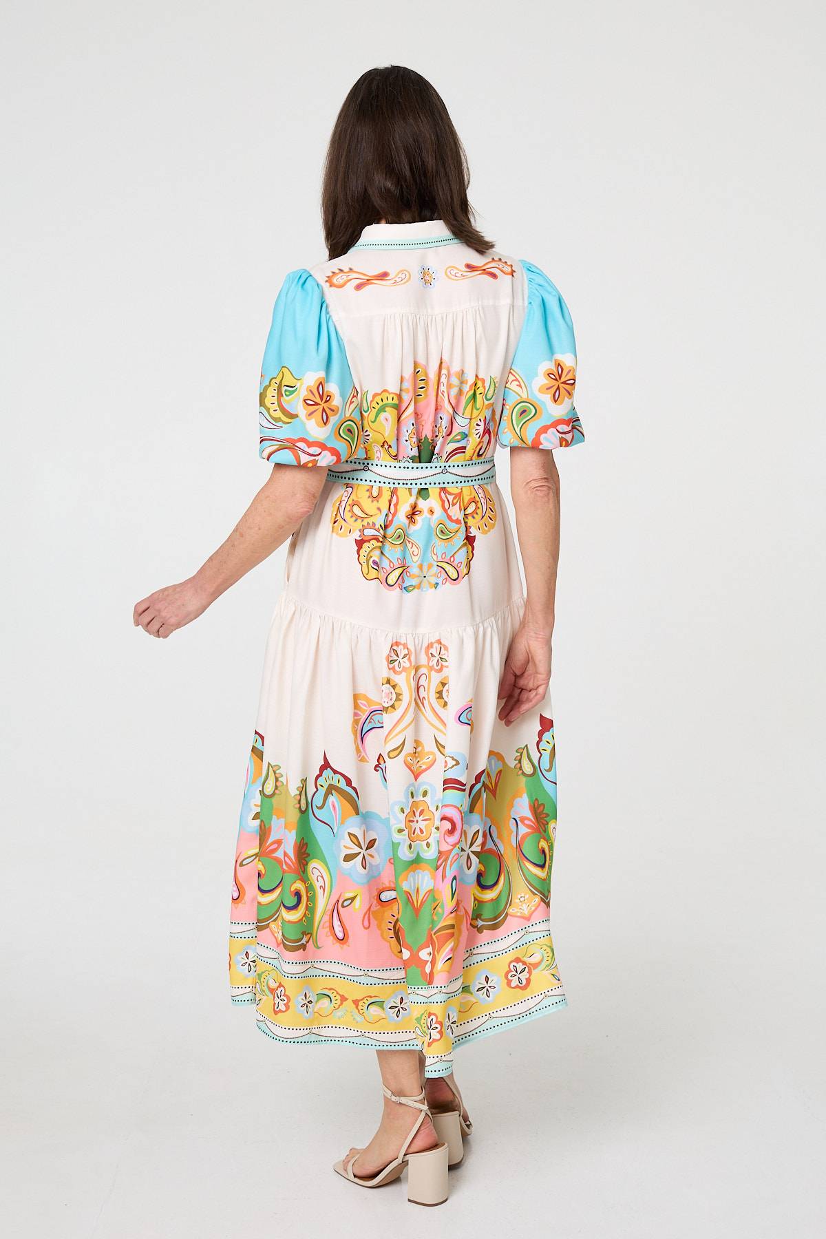 Abstract Border Tie Waist Midi Dress