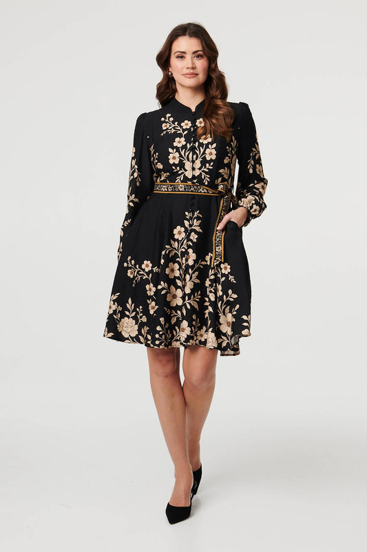 Floral Tie Waist A-Line Knee Length Dress