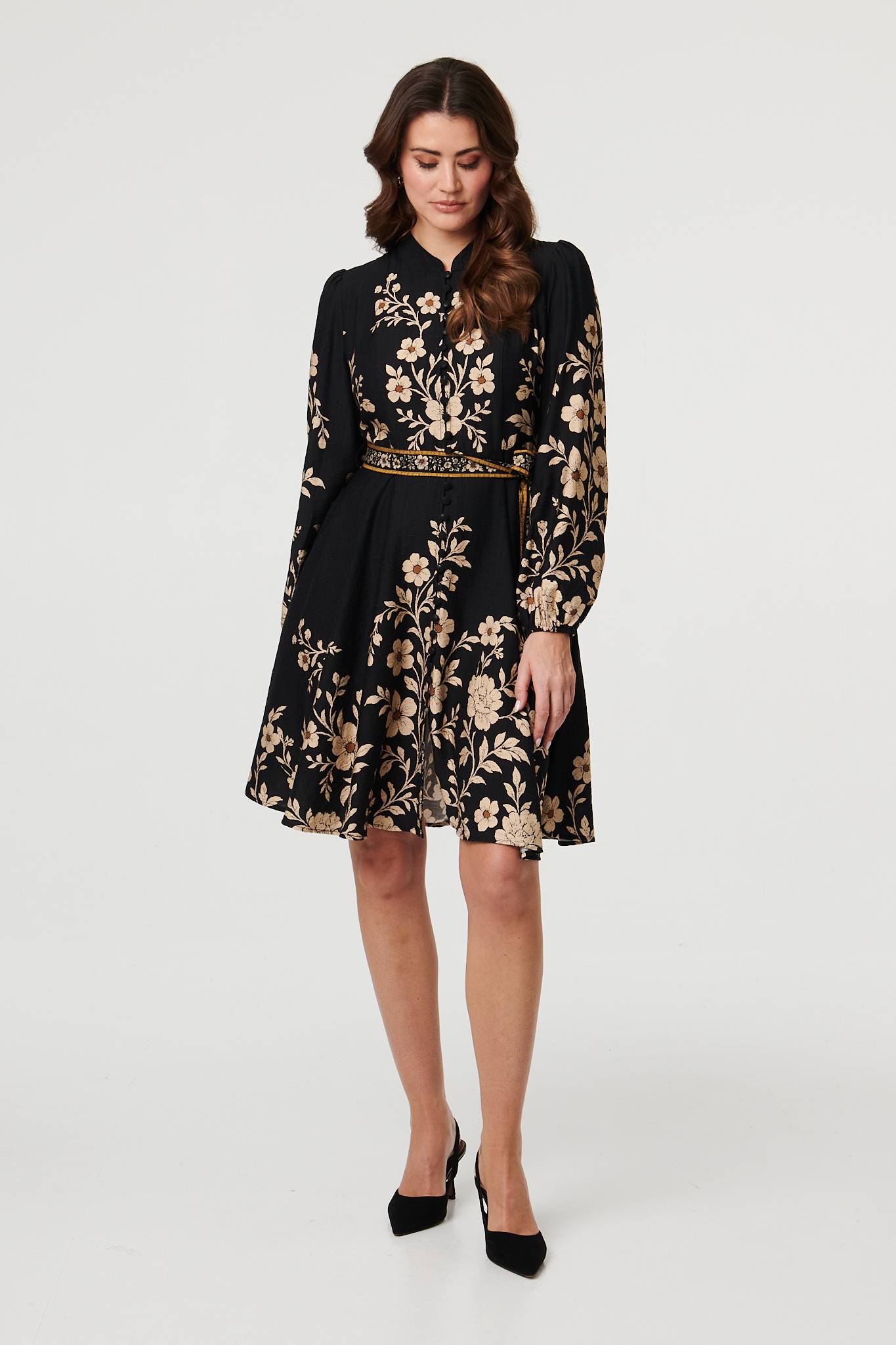 Floral Tie Waist A-Line Knee Length Dress