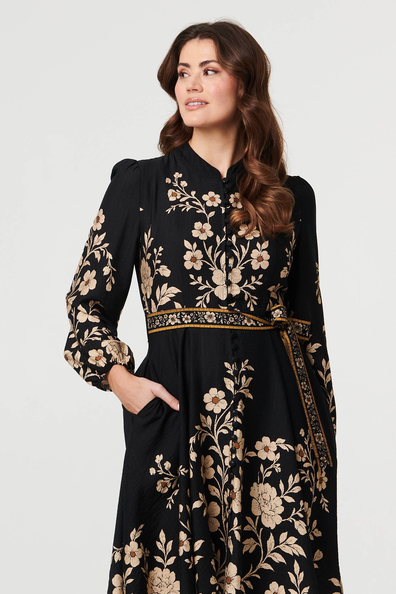 Floral Tie Waist A-Line Knee Length Dress