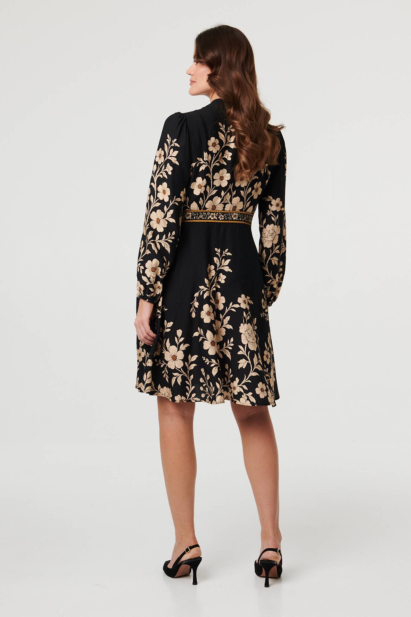 Floral Tie Waist A-Line Knee Length Dress